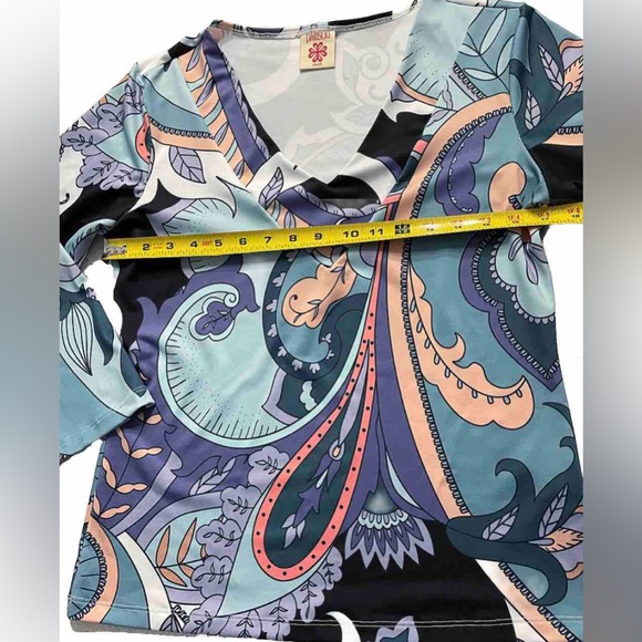 Parisou Top Small Made in USA Retro Mod Paisley Multicolor Long Sleeve V Neck - Picture 5 of 8